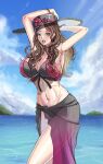  1girl absurdres alboeire bikini black_bikini blue_sky bracelet breasts brown_hair cleavage dorothea_arnault dorothea_arnault_(summer) fire_emblem fire_emblem:_three_houses fire_emblem_heroes green_eyes hat highres jewelry long_hair midriff multicolored_clothes multicolored_swimsuit navel ocean official_alternate_costume red_bikini sarong see-through sky solo swimsuit 