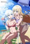  2girls :d absurdres arm_grab bangs bare_legs beach beach_chair beach_umbrella bikini blonde_hair blue_eyes blue_sky blunt_bangs braid breast_press breasts charlotte_arisaka_anderson cleavage cloud cocktail_dress collarbone cup day dress drinking_straw eyebrows_visible_through_hair gradient_hair green_eyes hair_ornament hairclip highres holding holding_cup horizon large_breasts lime_slice long_hair looking_at_another magazine_scan megami_magazine multicolored_hair multiple_girls navel ocean official_art open_mouth orange_hair outdoors purple_bikini scan short_hair side-tie_bikini sidelocks siesta_(tantei_wa_mou_shindeiru) silver_hair sitting sky smile standing striped striped_bikini swimsuit tantei_wa_mou_shindeiru thighs umbrella x_hair_ornament 