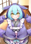  animal_ears apron artist_name blue_hair blush claws closed_mouth dragon_girl dragon_horns dragon_tail dress duel_monster fang hair_between_eyes hands_on_lap highres horns kneeling laundry_dragonmaid long_hair looking_at_viewer maid maid_apron motion_lines purple_dress purple_hair scavia10 slit_pupils sparkle tail tail_wagging wooden_floor yellow_eyes yu-gi-oh! 