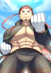  1boy abs absurdres akashi_(live_a_hero) alternate_costume ass_visible_through_thighs bara bare_pectorals belt bulge clenched_hands cowboy_shot crotch dated facial_hair foreshortening from_below gakuran gloves goatee headband highres large_pectorals live_a_hero long_sideburns looking_ahead male_focus muscular muscular_male nipples obliques pants pectorals red_eyes red_hair red_headband sabita_kan scar scar_on_face scar_on_nose school_uniform short_hair shredded_muscles sideburns solo thick_eyebrows 