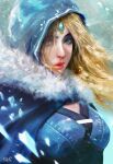  1girl blonde_hair blue_cape blue_eyes breasts cape crystal_maiden dota_(series) dota_2 english_commentary forehead_jewel fur_trim highres lips long_hair looking_at_viewer outdoors razaras signature snowing solo upper_body 