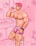  1boy abs against_wall bara bathroom beard_stubble biceps blue_eyes boxers brushing_teeth bulge cat_slippers character_ear_piercing character_print character_tooth_brush facial_hair feet_out_of_frame freckles hairy heart hello_kitty hello_kitty_print highres huge_eyebrows ilustrapedr.o large_pectorals leg_up looking_at_viewer male_focus male_underwear mature_male merchandise mirror muscular muscular_male mustache_stubble navel navel_hair nipples original pectorals pink_background pink_hair pink_male_underwear pink_theme print_male_underwear sanrio sketch_background solo sparse_arm_hair sparse_leg_hair sparse_navel_hair standing stomach stubble thick_chest_hair thick_thighs thighs toothbrush_in_mouth topless_male underwear 