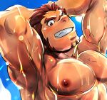  1boy akashi_(live_a_hero) arms_behind_head bara doro_rich facial_hair goatee grin large_pectorals live_a_hero long_sideburns male_focus muscular muscular_male nipples nude one_eye_closed paid_reward_available pectorals red_eyes red_hair scar scar_on_face scar_on_nose shiny_skin short_hair sideburns smile solo thick_eyebrows upper_body wet 