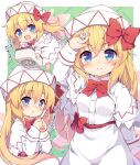  1girl baku-p blonde_hair blue_eyes commentary_request fairy fairy_wings hat lily_white long_hair open_mouth ribbon smile solo touhou translation_request wings 