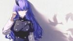  1girl black_jacket blue_hair buttons character_request check_gender closed_eyes closed_mouth cross_hair_ornament fake_horns hair_between_eyes hair_ornament highres horns jacket long_sleeves playing_with_own_hair punishing:_gray_raven purple_hair shadow sidelocks single_horn solo white_sleeves zhou_huan_(dgpe2833) 