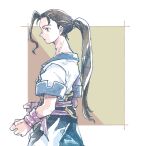  1boy belt black_pants brown_eyes brown_hair clenched_hands fei_fong_wong from_side long_hair male_focus michibata_65 multiple_belts pants ponytail shirt simple_background single_hair_intake white_shirt wrist_wrap xenogears 