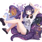  1girl absurdres black_shorts blush breasts headphones headphones_around_neck highres holding holding_stylus hololive hololive_english looking_at_viewer mole mole_under_eye ninomae_ina&#039;nis ninomae_ina&#039;nis_(5th_costume) official_alternate_costume pointy_ears purple_eyes purple_footwear purple_hair robin_chen0419 shirt short_shorts shorts sitting_on_tentacle slippers small_breasts solo stylus tablet_pc takodachi_(ninomae_ina&#039;nis) tentacles virtual_youtuber white_shirt 