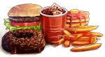  bread burger butter chocolate_doughnut cup disposable_cup doughnut fast_food food food_focus french_fries highres ice ice_cube kaneko_ryou maple_syrup meat no_humans original pancake pancake_stack simple_background still_life tomato white_background 