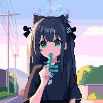  1girl animal_ears black_dress black_hair blue_archive blue_halo day dress eating extra_ears food green_eyes halo highres holding holding_food long_hair outdoors pixel_art short_sleeves shun_(blue_archive) shun_(small)_(blue_archive) solo tinia_etru two_side_up upper_body 