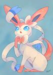  blue_eyes blush commentary_request fangs gen_6_pokemon kikuyoshi_(tracco) looking_up no_humans open_mouth paws pokemon pokemon_(creature) shiny shiny_skin signature simple_background solo sylveon toes tongue 