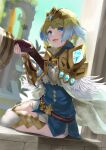  1boy 1girl armor bangs belt blonde_hair blue_eyes blue_hair blush cape commentary_request day dress earrings eyebrows_visible_through_hair feather_trim fingernails fire_emblem fire_emblem_heroes fjorm_(fire_emblem) gloves gradient gradient_hair highres jewelry kiran_(fire_emblem) lips long_sleeves multicolored_hair open_mouth out_of_frame outdoors short_dress shoulder_armor simple_background sitting smile striped thighhighs tiara two-tone_hair yappen 