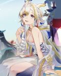  3girls arknights bare_shoulders beads blonde_hair blue_hair breasts cleavage commentary_request dragon_girl dragon_horns dress dusk_(arknights) earrings eyeliner feet_out_of_frame hand_up horns jacket jewelry long_hair looking_at_viewer makeup multicolored_hair multiple_girls nian_(arknights) open_mouth out_of_frame pointy_ears red_eyeliner samele_otaku shu_(arknights) sitting smile solo_focus strapless strapless_dress tassel tassel_earrings very_long_hair white_dress white_hair white_jacket 
