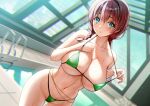  1girl bikini bikini_top_pull blue_eyes blush braid breasts cleavage commentary_request emma_verde green_bikini groin indoors large_breasts long_hair looking_at_viewer love_live! love_live!_nijigasaki_high_school_idol_club micro_bikini navel open_mouth parted_lips rei_no_pool rokko skindentation solo standing stomach string_bikini swimsuit wet 