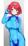  1girl absurdres blue_bodysuit bodysuit breasts cosplay cowboy_shot diamond_earrings earrings highres jewelry large_breasts oruru63100814 pyra_(xenoblade) red_eyes red_hair samus_aran samus_aran_(cosplay) skin_tight solo super_smash_bros. swept_bangs tiara xenoblade_chronicles_(series) xenoblade_chronicles_2 zero_suit 