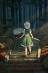  black_footwear black_headband flower green_jacket green_skirt headband highres jacket konpaku_youmu looking_down moss red_eyes satellitedragon sheath sheathed short_sleeves short_sword skirt stairs sword tantou touhou tree walking weapon wide-eyed 