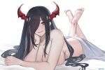  absurdres azur_lane bed_sheet black_hair breasts completely_nude friedrich_der_grosse_(azur_lane) hair_over_one_eye highres horns large_breasts long_hair lying mature_female mechanical_horns milephunter nude on_bed on_stomach red_horns smile yellow_eyes 