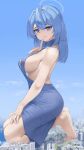  1girl absurdres ako_(blue_archive) ako_(dress)_(blue_archive) backless_dress backless_outfit barefoot blue_archive blue_dress blue_eyes blue_hair blue_halo blue_sky breasts building city dress finger_to_mouth giant giantess halo highres index_finger_raised large_breasts looking_at_viewer mousedic07 official_alternate_costume sideboob sideless_dress simple_background sitting sky solo 