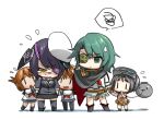  5girls :3 bangs black_cape black_gloves black_hair black_legwear brown_gloves cape chagen_kokimu chibi closed_mouth diving_mask diving_mask_on_head eyepatch flying_sweatdrops gloves goggles goggles_on_head green_eyes green_hair hair_ornament hairclip hat holding_hands ikazuchi_(kancolle) inazuma_(kancolle) kantai_collection kiso_(kancolle) kneehighs long_hair long_sleeves maru-yu_(kancolle) multiple_girls one-piece_swimsuit open_mouth pantyhose pleated_skirt ponytail purple_hair sailor_collar school_uniform serafuku short_hair simple_background skirt spoken_squiggle squiggle standing sweat swimsuit tears tenryuu_(kancolle) thighhighs wavy_mouth white_background white_headwear white_swimsuit yellow_eyes 