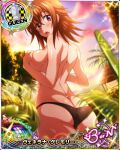  1girl ass back bikini bikini_bottom breasts brown_hair card_(medium) chess_piece cloud covering covering_breasts cowboy_shot day eyebrows_visible_through_hair hair_between_eyes high_school_dxd high_school_dxd_born large_breasts looking_at_viewer official_art open_mouth outdoors purple_eyes queen_(chess) sky solo swimsuit teeth tongue topless venelana_gremory wet 