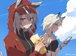  2girls :t alternate_costume animal_ears arknights black_shirt black_swimsuit cat_ears cellphone cloud commentary cup ears_through_headwear green_eyes grey_hair highres holding holding_cup holding_phone hood hood_up jacket kal&#039;tsit_(arknights) kyou_039 looking_at_phone looking_at_viewer multiple_girls official_alternate_costume open_clothes open_jacket phone projekt_red_(arknights) projekt_red_(light_breeze)_(arknights) red_jacket shirt short_hair_with_long_locks smartphone swimsuit tail tiara twitter_username upper_body wolf_ears wolf_girl wolf_tail wristband yellow_eyes 