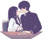  1boy 1girl black_hair black_jacket blush chitanda_eru collarbone embarrassed eye_contact facing_another flying_sweatdrops food food_in_mouth gakuran hetero hyouka jacket looking_at_another mery_(yangmalgage) oreki_houtarou own_hands_together pocky pocky_in_mouth pocky_kiss purple_eyes school_uniform serafuku shirt sitting sweatdrop white_shirt 