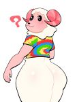 :3 absurd_res animal_crossing anthro bottomless bovid butt caprine clothed clothing dom_(animal_crossing) hi_res looking_at_viewer lovetopullmicke male mammal nintendo question_mark rear_view sheep simple_background solo tie-dye white_background