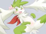  1girl :3 ancesra animal_nose bangs blurry blush body_fur commentary depth_of_field english_commentary flat_chest flower furry furry_female gen_4_pokemon green_eyes green_fur green_hair grey_background hair_flower hair_ornament happy head_wings highres legendary_pokemon lying mythical_pokemon no_pussy on_back open_mouth personification pink_flower pokemon shaymin shaymin_(sky) short_hair simple_background smile snout solo spiked_hair spread_legs tail two-tone_fur v-shaped_eyebrows white_fur white_wings wings 