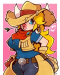  1girl belt blonde_hair blue_eyes blue_shirt border breasts brown_gloves cow_girl cowboy_hat cowgirl_peach denim earrings gloves hat heart highres horns jeans jewelry large_breasts legendofnerd lips long_hair looking_at_viewer mario_(series) official_alternate_costume one_eye_covered pants pink_background ponytail princess_peach princess_peach:_showtime! shirt short_sleeves simple_background solo white_border 