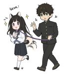  1boy 1girl :d animal_collar animal_ears artist_logo black_hair blush brown_footwear brown_hair buttons chitanda_eru collar d: dog_ears dog_tail gakuran green_eyes hair_between_eyes highres holding holding_leash hyouka kneehighs leash long_hair long_sleeves medium_skirt mery_(yangmalgage) open_mouth oreki_houtarou own_hands_together purple_eyes school_uniform serafuku shirt short_hair simple_background skirt smile socks sparkle tail white_background white_shirt 