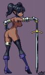  1girl ass black_thighhighs blunt_bangs boots breasts dark_skin from_behind gauntlets high_heel_boots high_heels holding holding_sword holding_weapon large_breasts looking_at_viewer looking_back lowres mabius nipples nude original pixel_art pointy_ears purple_footwear simple_background smile solo sword thighhighs twintails weapon 