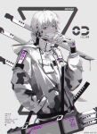  1boy carriann000 gloves grey_eyes hand_in_pocket jacket katana male_focus original short_hair standing sword weapon white_gloves white_hair white_jacket white_mask 