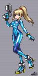  1girl blonde_hair blue_bodysuit blue_eyes bodysuit breasts grey_background gun handgun high_ponytail holding holding_gun holding_weapon long_hair mabius metroid pixel_art samus_aran simple_background skin_tight solo weapon zero_suit 