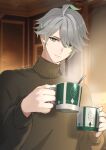  1boy ahoge alhaitham_(genshin_impact) artist_name blurry blurry_background commentary_request cup genshin_impact green_eyes green_hair green_sweater grey_hair hair_between_eyes hands_up highres holding holding_cup indoors long_sleeves looking_at_viewer male_focus mmmgnsn mug multicolored_hair parted_bangs parted_lips short_hair sidelocks smile solo spoon steam sweater swept_bangs turtleneck turtleneck_sweater twitter_username upper_body 
