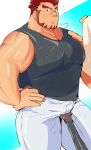  1boy akashi_(live_a_hero) bara black_tank_top bulge cowboy_shot crotch_grab facial_hair goatee highres kaeru333938123 large_pectorals live_a_hero long_sideburns looking_at_viewer male_focus muscular muscular_male official_alternate_costume pants pectorals puff_of_air red_eyes red_hair scar scar_on_face scar_on_nose short_hair sideburns solo_focus sweat tank_top thick_eyebrows towel very_sweaty yaoi 