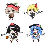  4girls black_footwear black_hair black_headwear black_skirt black_vest blonde_hair blue_hair blue_skirt blush book boots bow bowtie brown_eyes brown_footwear brown_hair brown_scarf chibi chibi_only closed_mouth food fruit full_body hair_ribbon hand_fan hat hauchiwa hinanawi_tenshi holding holding_book holding_fan legs_apart legs_together long_hair long_sleeves looking_at_viewer lyrica_prismriver multiple_girls myose_mo open_mouth outstretched_arms peach pink_eyes pom_pom_(clothes) red_bow red_bowtie red_eyes red_footwear red_headwear red_ribbon red_skirt red_vest ribbon rumia scarf shameimaru_aya shirt shoes short_hair short_sleeves simple_background skirt smile snot socks standing tokin_hat touhou vest white_background white_shirt white_socks 