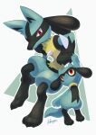  arm_up commentary_request evolutionary_line eye_contact furry gen_4_pokemon gen_7_pokemon highres kikuyoshi_(tracco) looking_at_another lucario mythical_pokemon outline parted_lips paws pokemon pokemon_(creature) red_eyes riolu signature spikes toes yellow_fur zeraora 