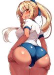  1girl ass ass_grab blonde_hair blue_buruma blush buruma cameltoe dark-skinned_female dark_skin elf from_behind grabbing_own_ass gym_uniform highres hololive long_hair long_pointy_ears looking_back orange_eyes pointy_ears ponytail sakanaya_(sakanaya952) shiranui_flare shirt simple_background solo thigh_gap v-shaped_eyebrows very_long_hair virtual_youtuber white_background white_shirt 