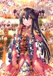  1girl alternate_costume black_hair cherry_blossoms cup flower hair_between_eyes hair_flower hair_ornament hairclip haruna_(kancolle) highres holding holding_cup japanese_clothes jewelry kantai_collection kimono long_hair looking_up orange_kimono ring sakazuki smile solo suou_sakura wedding_ring 