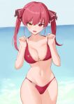  1girl absurdres aneal_(syuuumaeee) bangs beach bikini blush breasts cleavage collarbone cowboy_shot hair_ribbon halterneck heterochromia highres hololive houshou_marine long_hair medium_breasts navel ocean open_mouth red_bikini red_eyes red_hair red_ribbon ribbon sharp_teeth smile solo strap_lift swimsuit teeth thigh_gap twintails virtual_youtuber yellow_eyes 