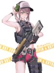  1girl absurdres ar-57 ar-57_(girls&#039;_frontline) armpits bangs bare_shoulders baseball_cap black_shirt blue_eyes breasts commentary cowboy_shot crop_top dolphin_shorts ear_piercing ear_protection eyebrows fingerless_gloves girls&#039;_frontline gloves grifon_&amp;_kryuger gun hair_between_eyes hat highres holding holding_weapon lithographica long_hair midriff piercing pink_hair ponytail shirt shorts sideboob single_glove single_leg_pantyhose sleeveless sleeveless_shirt solo tactical_clothes tank_top trigger_discipline twitter_username watch weapon white_background wristwatch 