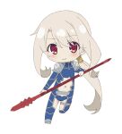  1girl armor blonde_hair blue_bodysuit bodysuit boots chibi chibi_only closed_mouth commentary_request fate/kaleid_liner_prisma_illya fate_(series) flat_chest full_body gae_bolg_(fate) hair_between_eyes holding holding_polearm holding_weapon illyasviel_von_einzbern light_blush long_hair looking_at_viewer navel official_art polearm red_eyes shoulder_armor sidelocks simple_background smile solo spear standing very_long_hair weapon white_background x_navel 
