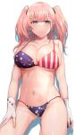  1girl american_flag_bikini atlanta_(kancolle) bikini blue_eyes blush breasts brown_hair cleavage collarbone earrings embarrassed fingerless_gloves flag_print gloves jewelry kantai_collection large_breasts long_hair looking_at_viewer miyako_(00727aomiyako) navel simple_background solo standing star_(symbol) star_earrings swimsuit twintails white_background 