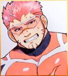  1boy akashi_(live_a_hero) bad_id bad_twitter_id bara blush bodysuit clenched_teeth drooling facial_hair goatee large_pectorals live_a_hero long_sideburns looking_at_viewer male_focus mouth_drool muscular muscular_male oskn_tengoku pectorals photo_(medium) red_eyes red_hair scar scar_on_face scar_on_nose shikishi short_hair sideburns solo sweat teeth thick_eyebrows torn_bodysuit torn_clothes traditional_media 