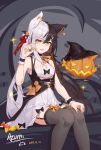  1girl 2023 :d absurdres animal_ears artist_logo artist_name azumi_(8809464) black_bow black_hair black_vest bow bow_legwear breasts dated dress dress_bow ear_ornament fang fox_ears frilled_wrist_cuffs frills garter_straps grey_background grey_thighhighs halloween hand_on_own_knee hand_up hat highres jack-o&#039;-lantern looking_at_viewer multicolored_hair nail_polish open_mouth orange_bow orange_ribbon original ribbon signature sitting small_breasts smile solo sparkle striped_ribbon thighhighs two-tone_hair vest white_dress white_hair witch_hat wrapped_candy wrist_cuffs yellow_eyes 