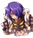  1boy armor bangs commentary_request cropped_torso emon-yu genetic_(ragnarok_online) hair_between_eyes hair_over_one_eye living_clothes looking_at_viewer male_focus open_mouth pauldrons purple_hair ragnarok_online sharp_teeth short_hair shoulder_armor simple_background solo stitches teeth upper_body white_background yellow_eyes 
