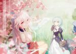  2girls alternate_eye_color back bangs bare_shoulders basket blue_eyes blurry blurry_foreground breasts cherry_blossoms closed_mouth from_above grass hair_between_eyes hand_on_own_cheek hand_on_own_face highres holding honkai_(series) honkai_impact_3rd long_hair long_sleeves looking_at_viewer looking_back multiple_girls nun outdoors petals pink_eyes pink_hair pink_skirt ponytail seiza sideboob sitting skirt standing theresa_apocalypse theresa_apocalypse_(valkyrie_pledge) tree white_hair wyc_zz yae_sakura yae_sakura_(gyakushinn_miko) 