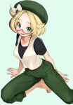  1girl absurdres barefoot beret bianca_(pokemon) black_shirt blonde_hair blush bow capri_pants clip_studio_paint_(medium) commentary_request eudetenis eyelashes glasses green_eyes green_headwear green_pants hat hat_bow highres looking_at_viewer pants pokemon pokemon_bw2 red-framed_eyewear semi-rimless_eyewear shirt short_hair short_sleeves solo toes vest white_bow white_vest 