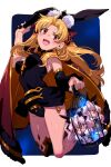  3girls animal_ears birdcage black_dress black_thighhighs blonde_hair blush bow breasts cage cape chibi detached_collar dress dual_persona earrings echo_(circa) ereshkigal_(fate) fate/grand_order fate_(series) gold_trim hair_bow hood hooded_cape hoop_earrings jewelry koyanskaya_(assassin)_(second_ascension)_(fate) koyanskaya_(fate) long_hair looking_at_viewer medium_breasts multiple_girls open_mouth parted_bangs pink_hair rabbit_ears red_eyes short_dress single_sleeve single_thighhigh skull smile spine tamamo_(fate) thighhighs tiara twintails two_side_up 