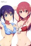  2girls absurdres aqua_inc. armpits arms_up bangs bikini blue_bikini blue_eyes breasts cleavage closed_mouth collarbone highres kanojo_mo_kanojo long_hair looking_at_viewer magazine_scan megami_magazine minase_nagisa multiple_girls navel official_art purple_hair red_bikini red_eyes red_hair saki_saki_(kanojo_mo_kanojo) scan short_hair sidelocks simple_background small_breasts smile standing swimsuit upper_body white_background 