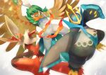  arrow_(projectile) blaziken blue_eyes claws colored_sclera commentary_request decidueye empoleon gen_3_pokemon gen_4_pokemon gen_7_pokemon glowing glowing_eyes kikuyoshi_(tracco) legs_apart light_trail looking_at_viewer mega_blaziken mega_pokemon orange_eyes pokemon pokemon_(creature) signature simple_background white_background yellow_sclera 